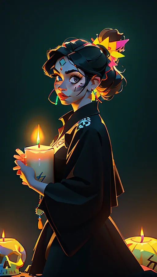A Young Mexican Latina, dancing, Dia de muertos party, greaves yard background, candlelights everywhere around, sugar skulls everywhere around, LA Calavera Caterina, Mexican dead woman make-up, highly detailed, hyperrealistic details, fog on ground, dense, atmospheric, cinematic, octane render, unreal engine, hyperrealistic, Blender Model, Detailed render, Environment design, neon colors, neon lights, Raytracing, absurdres, UHD, HDH, HDRi, 8k, 16k, 32k