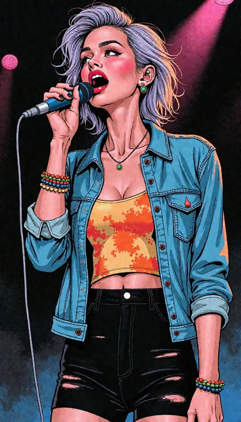 Debbie Salt, full-body portrait, graphic novel style, bold outlines, flat pastel color, halftone shading, hand-drawn posture, neon stare, bruised charm, popstar noir, heartbreak drawn loud
comic book ink style, thick black contour, soft halftone skin, matte color fill, brushstroke edges, messy pastel hair, sharp eyeliner, flushed cheeks, open lips mid-note, fixed expression
cropped denim jacket, tie-dye tank top, neon orange miniskirt, black leggings, stacked bracelets, chipped black nails, microphone grip, grounded legs, locked stance
simple concert stage, pink-blue spotlights, fog scribbled in white, speaker stacks, mic cable loose, deep shadow behind her
she sings like it hurts, but you listen anyway
the chorus bleeds when she sings, and every panel remembers