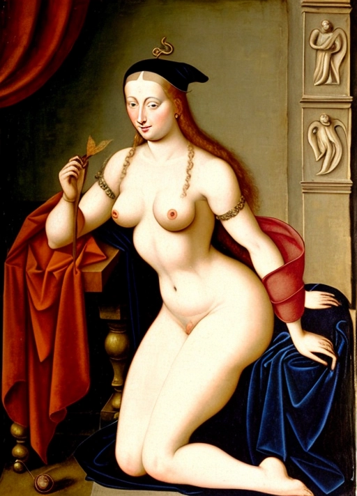 Liebeszauber is a late 15th century painting which portrays a young naked witch casting a love spell, fashionable pointy-toed slippers, medieval germanic