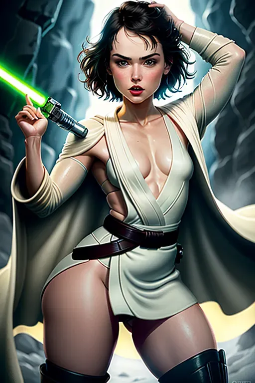 Daisy Ridley, tits out, Jedi, babe, facial ridges, small nose, strong cheek bones, soft cheeks, red full lips, mouth open, happy, curvy, small breasts, thin waist, thick ass, full thighs, robe blowing in the wind, no panties, black belt, thigh high fishnets, holding a green double bladed lightsaber like a warrior, aroused clit, wet vagina, fighting, high definition, great lighting, 4k quality, squirting