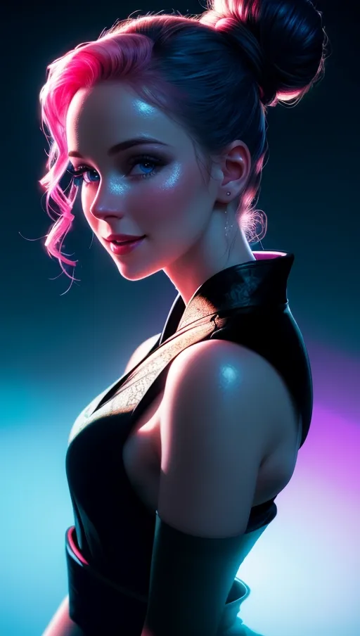 (Best quality), high quality (photo_realistic:1.2) hyperreal, (a sexy close up portrait of a woman posing expressively in a saturated neon light studio), (hairbun, black qi pao:1.2),
(Correct anatomy), Toned and slender, (detailed front view of face looking at viewer with happy expression:1.17), beautiful detailed lips smiling with mouth open,
(Vibrant gradient pink to blue effect background, silhouette:1.2), hyperrealistic sweaty pale skin, five high quality slender fingers,
a close up portrait of woman in a playful erotic pose, soft focus, <lora:dpmg_add_detail:0.75>, (amateur photography:1.15), (high resolution masterpiece, dark contrast:1.35), anime-like, bad photography, bad lighting,