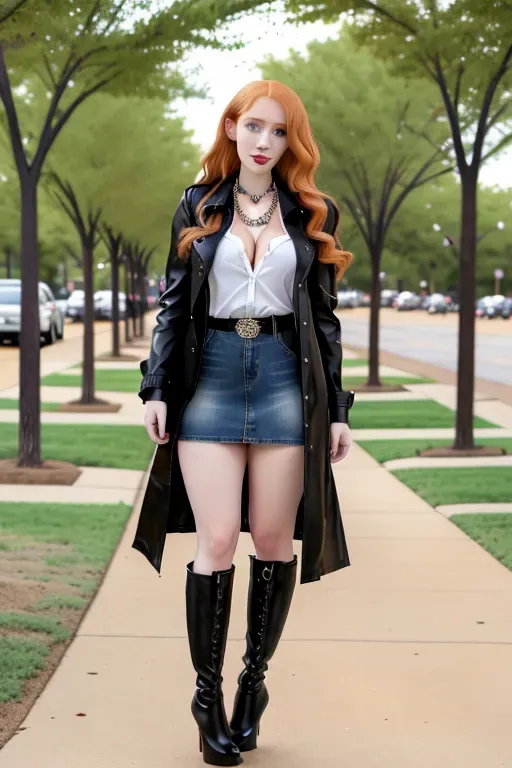 full body, strawberry blonde hair, hazel eyes, short girl, denim miniskirt, black high heel boots, looking at viewer, long hair, pale skin, black necklace, black shirt, 24 years old, giant breasts, cute face, pov, wavy hair, city environment, Oklahoma City, wide eyes, erotic, skirt tug, trench coat