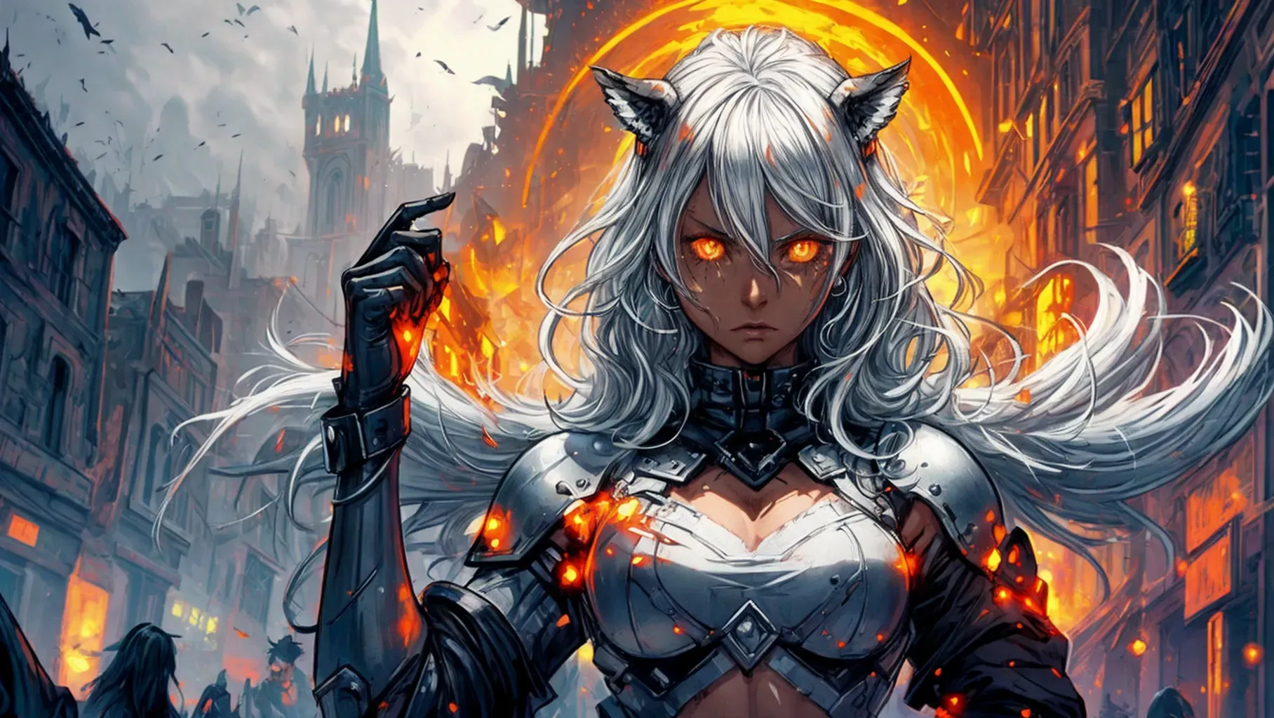 A valkyrie (with long silver hair, dark skin, valkyrie head ornement, orange eyes, leaning forward, silver hair, angry face) wearing an armor (white and orange with fur in bra, fur edge, v-neck, orange, futuristic with orange lights) is fighting demons in the middle of an avenue (filled by demons, of an old abandonned gothic city in ruins, under ashes, fog, mist, smoke, embers, ashes falling, with a dire castle in the background, full moon, harpies are flying in the sky, zombies everywhere),
Fullbody view, Best quality, masterpiece, hd, bokeh, cgsociety, smooth, snow and fire particle effect, sfx, large view,
(masterpiece:1.4),(best quality:1.4),ultra high res,((detailed facial features)),HDR,8k resolution,
<lora:dpmg_add_detail:1>