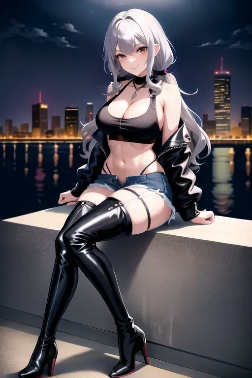 full body, gray hair, brown eyes, short girl, denim miniskirt, black high heeled boots, looking at viewer, long hair, pale skin, silver necklace, black crop top, 24 years old, giant breasts, cute face, pov, wavy hair, city environment, Oklahoma City, wide eyes, erotic, skirt tug, leather jacket, nighttime, black backpack, slim body, low pigtails, sitting on wall, smiling, thigh high boots, cleavage