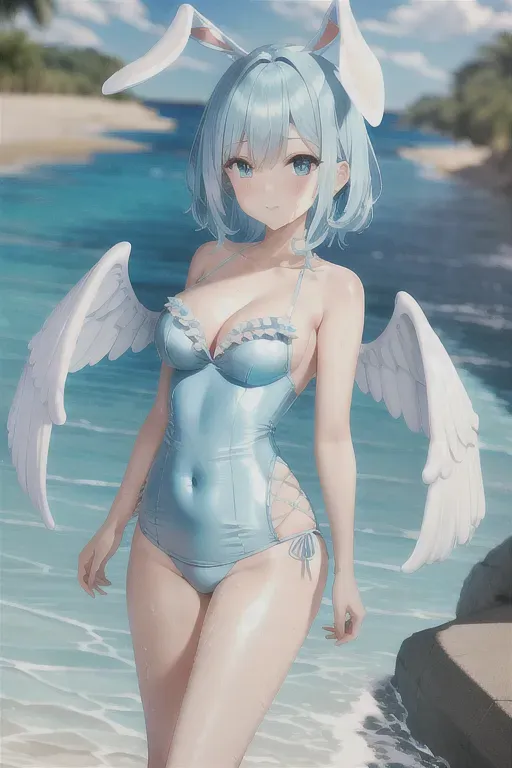 high quality, detailed, bunny girl, angel wings, short light blue hair, medium sized chest, perfect figure, blue eyes, sexy swimmsuit, wide shot, full body visible, wet, river