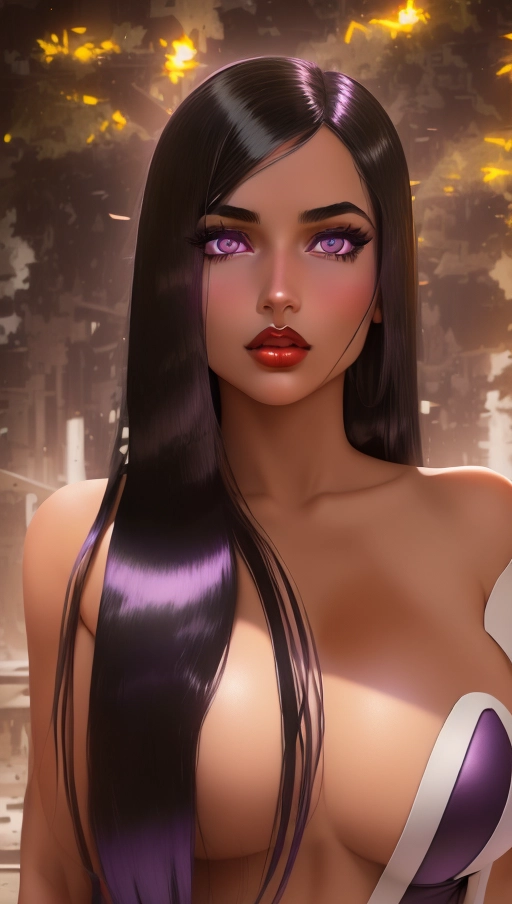 young heavy metal woman, gorgeous face, ((purple eyes)), rosy cheeks, ((tanned olive skin)), (((long straight black hair))), heavy eyeshadow, completely nude, medium breasts, dark red lips, highly detailed skin textures, highly detailed eyes, blank white background,