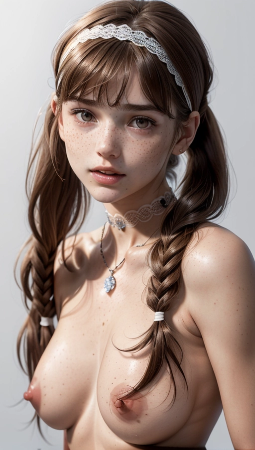Full figure shot,naked,bare breasts,bare pussy,photorealistic, 8k, accurate face, (((detailed face))), (((replicate inspiration face))), freckles,twin ponytails,delicate female face, cute, 19 years old, gorgeous,luxuriously long hair,brown hair,bangs, lace headband,choker,necklace