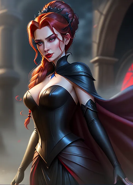 low angle dressed in elegant black velvet gown and cape, her hair done up in a low hanging braided bun, a pair of red marks on the side of her neck, Beautiful sultry auburn haired creamy complexion vampire Queen Anna of Arendelle a toothy smile as she runs her tongue across her upper teeth and pair of long vampire fangs, her hypnotic eyes glowing bright red as she rises from her dark foggy cobwebbed crypt. Platinum haired Elsa looking on worried. photorealistic.