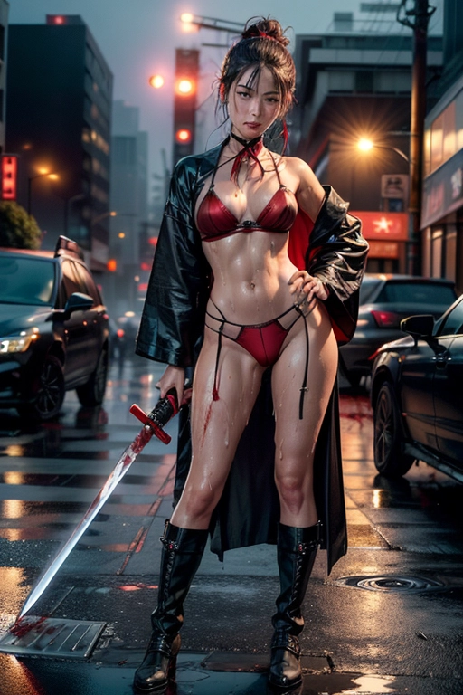 (photorealistic:1.4), (masterpiece:1.4), (best quality:1.4), ultra high res, ((detailed facial features)), (professional photograph of 2 separate figures:1.1), (female assassin and dead victim:1.1)
Ye Kaiwei, 22 year old Chinese female model, dressed as assassin Miho from Sin City, at night, standing facing viewer, confidently wearing black boots, (tiniest black shorts revealing red knickers:1.3), black choker, (red bra:1.4), (prominent nipples.2), (black kimono tied loosely at the waist:1.2), (right hand on hip, left hand holding a long bloody samurai sword:1.3), long legs, slim athletic body, (sweat glistening on neck and body:1.5), six pack abs, long black hair, (sweat mud and blood on her body:1.4),
(second figure is a dead male gangster lying at her feet:1.4)
(at night on the roof of a building in a wet and gloomy dystopian city landscape), (style of Bladerunner:1.2), pools of blood all around,
(best quality), (((extremely accurate face))), <lora:dpmg_add_detail:0.7>, (high resolution), dynamic, (((masterpiece))), (uhd), (8k),