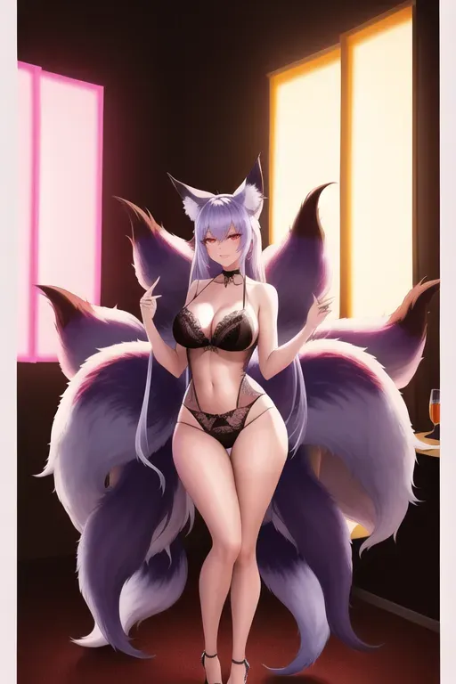 photograph, 20 year old, a nine-tail fox, thicc, lingerie, metallic, photo studio, day time, neon lights, happy, 8k, professional