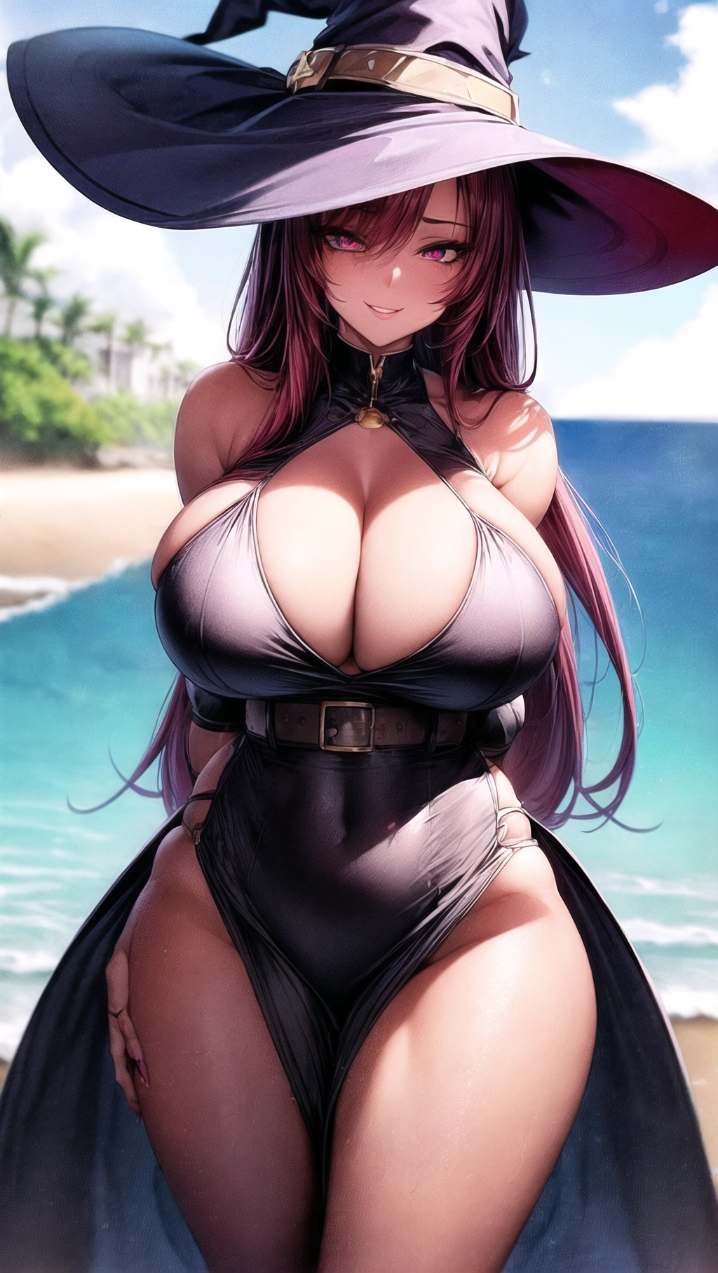 Beautiful, masterpiece, ((((8K resolution)))), hyper resolution, ((beach backdrop)), vibrant colors, (1girl), solo, female focused, face focus, extreme face details, chest up shot, close up shot,
A beautiful (witch) wearing a long skintight dress with a huge butt, massive butt, round ass, big boobs, smug, smug smile, belt, button up shirt, heavy breasts, hanging breasts, athletic body, seductive face, seducing viewer, thick thighs, (((absolutely massive breasts))), skinny waist, long eyelashes, wide hips, red hair, bright pink eyes, ((((hyper detailed eyes)))), perfect hair, <lora:dpmg_add_detail:1.4>