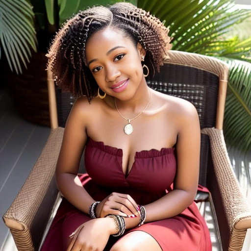 Professional photo of a gorgeous slender Ghanaian skinny woman sexually aroused, view from above, sexually excited, sexually attracted to me,short curly hair, ((short curly hair)), ((broad mouth)), broad chin, smiling, bright smile, ((sparkle in her eyes)), ((sparkle eyes)), white perfect teeth, ((looking directly into the camera)), , ((sexy dark red young adult dress)), ((strapless dress)), ((looking into my eyes)), (flirting), ((young breasts)), ((young face)), white of her eye, overt sexually suggestive pose, medium natural breasts, expression of intense sexual attraction, (legs spread), ((knees apart)), (((secretly showing pussy))),(no panties), ((realistic trimmed pubic hair)), ((young curves)), five slender fingers, updo, beautiful face,beautiful lips,curved eyebrows, professional photography , (((shiny skin))), natural lips, ((dark red sexy summer dress)), sunny and tropical, outside ,greenhouse, conservatory, lying on a chair, sexy, ((her skin shines)), (((bracelets))), ((bright sunlight falls on her face and body)), ((bright sunlight)), perfect skin, beautiful young curves, quite big young breasts, five slender fingers
