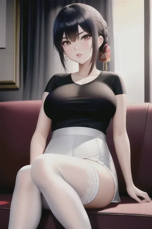 a concept art of a chinese young lady,wearing short t-shirt and white laced pantyhose, sitting on a couch and masturbating, leg spread wildly, natural breasts,five fingers per hand,fishtail hair,charming face,beautiful lips,brown eyes,curved eyebrows,curved eyelid,smooth skin,wearing golden ring,bokeh,ultra realistic,cgsociety,cinematic lighting,surreal