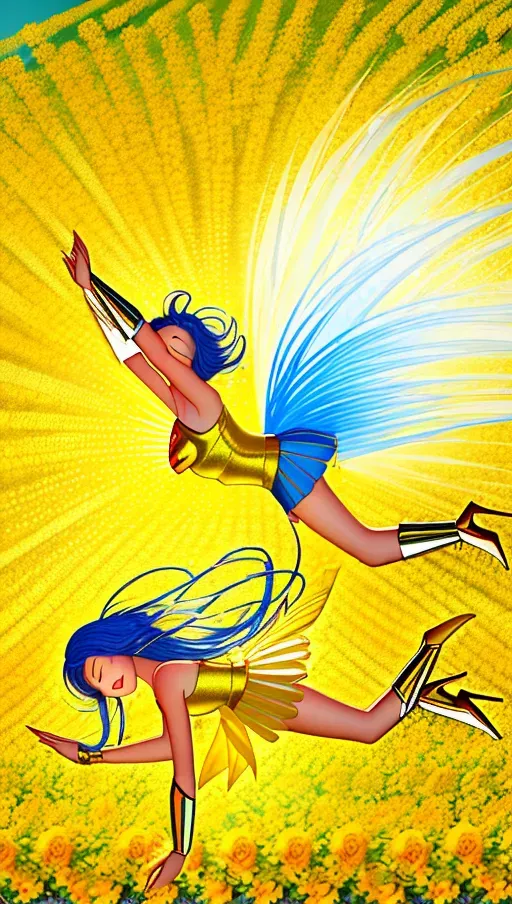 happy illustration of Wonder Woman frolicking through field of roses and sun flowers. The background is sunny and yellow, she has a flowing blue skirt and stiletto high heels, red and gold costume, beautiful art