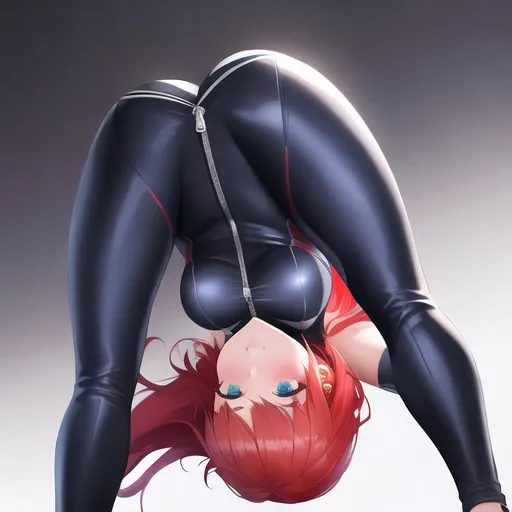 1girl on spaceship, redhead, floating, upside down, messy hair, pulling down zipper on her tight suit