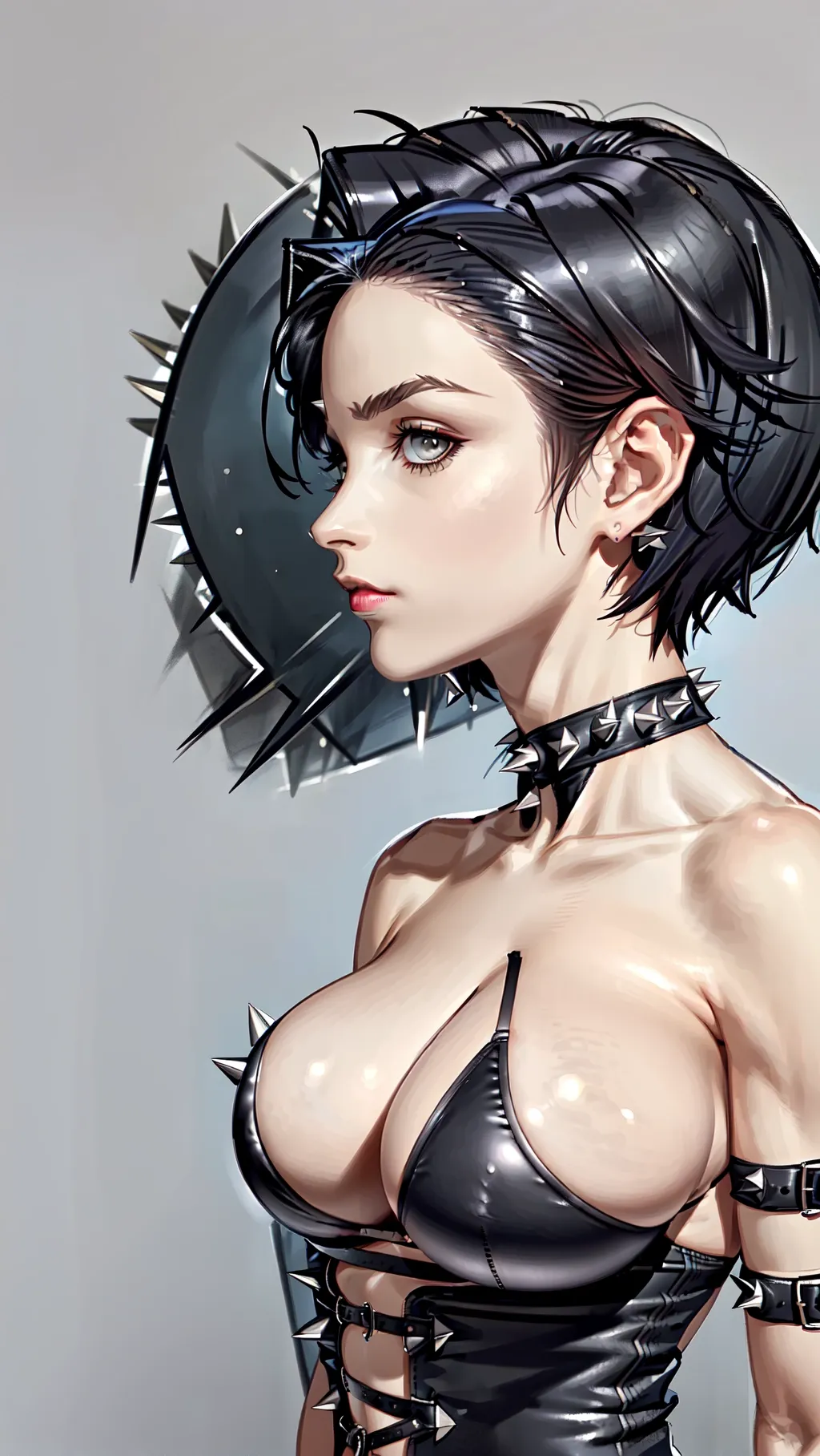 Female, short spiky hair, large breasts, athletic toned body, wearing a black leather bodice