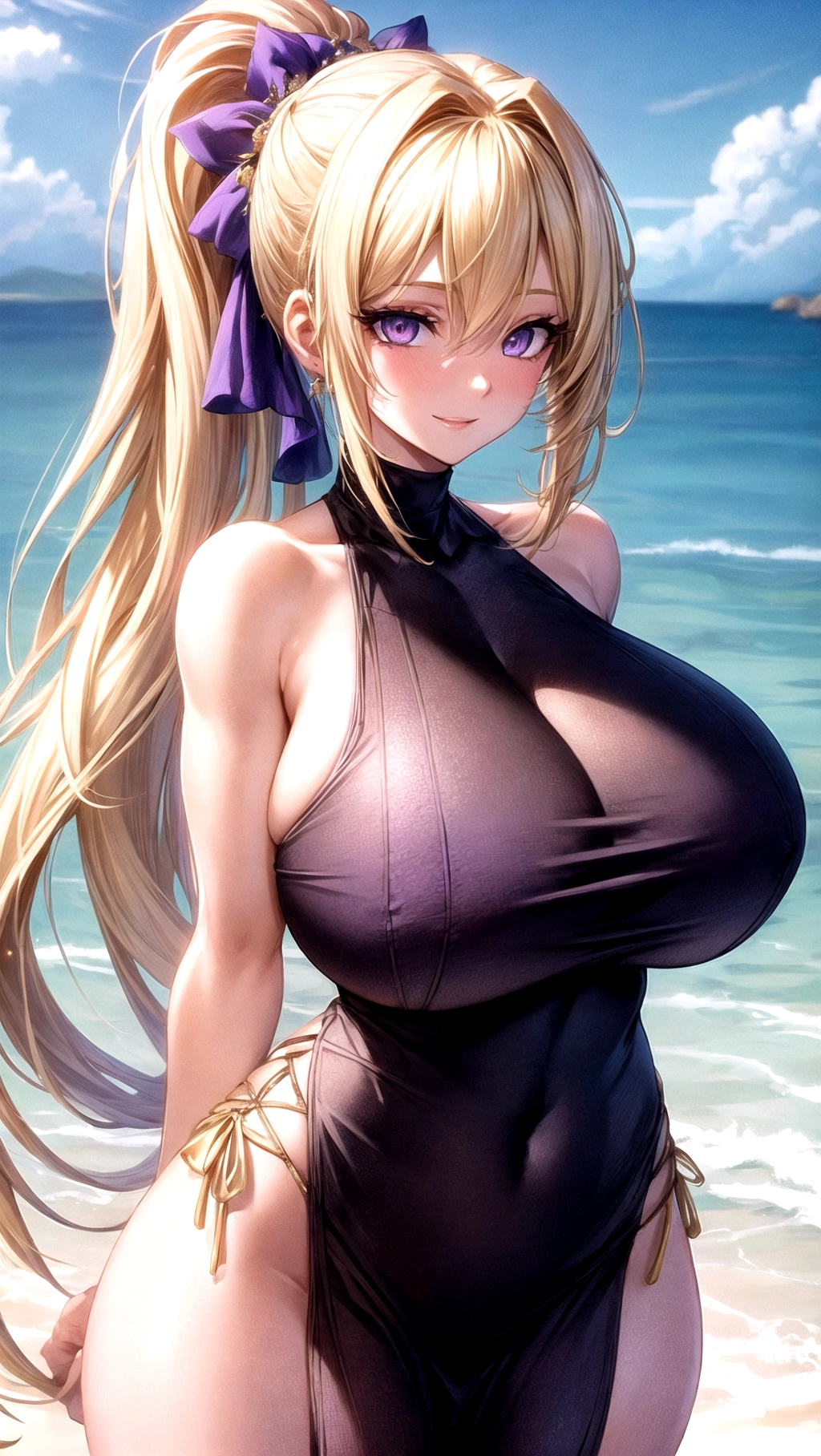 Beautiful, masterpiece, zoomed out, hyper detailed, hyper quality, (64K resolution), (HDR), (UHD), cinematic lighting, ((sandy beach background)), (1girl), solo, extreme face details, (((whole body image))),
A beautiful young woman wearing a sundress with shoulder straps,((huge boobs)), long legs, thick thighs, big butt, ((hair in a short ponytail)), bare shoulders, bare neck, slight cleavage, athletic body, 25 years old, looking at viewer, happy, smiling, (blushing), nipple indents, (((absolutely massive breasts))), ((skinny waist)), (long eyelashes), ((wide hips)), gold blonde hair, ((purple eyes)), ((((detailed eyes)))), <lora:dpmg_add_detail:1>,