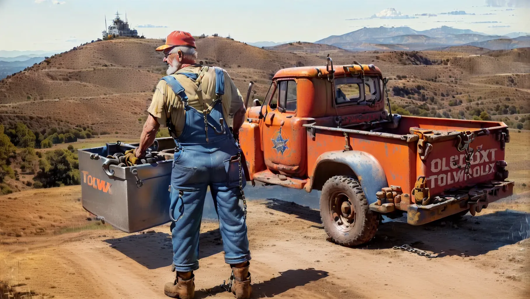 (((Daytime,bright sunny day, Old man wearing old overalls and a cap is holding a toolbox standing on a hill, view from behind.))) holding a toolbax and wrench (Next to him is a larger vintage ((tow truck)) has a rear towing ((winch with a hook on chain))), rusty
(The size of the man is in scale to the truck at his side)