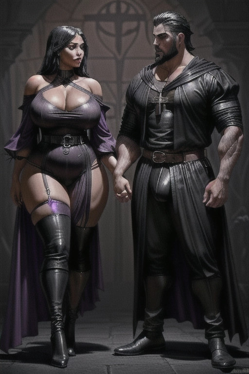 A sultry photograph of a tall and muscular caucasion male warrior embracing a curvy and voluptuous latina female prostitute as they look into each others eyes with lust and desire
Male subject is wearing black leather fantasy armor with a wide black leather belt and an obvious huge penis bulge inside the leather crotch
Male subject has dark hair and a short trimmed beard
Male subject is bloody fr4om a recent battle
Female subject is dark skinned and has a fit but thicc physique
Female subject wears sheer robes in black with silver and purple trim
(((background is very dark medieval battlefield)))
<lora:dpmg_add_detail:1>