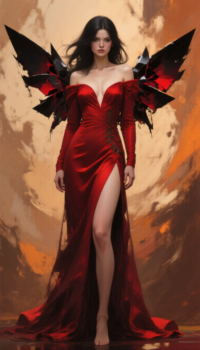 A hyperdetailed masterpiece rendered in contemporary digital painting with abstract realism and modern neo-figurative precision, showcasing a central full-body female figure posed confidently in a frontal eye-level view. She wears an opulent, rich crimson off-the-shoulder gown featuring a deep plunging neckline, one elegant long sleeve, a high dramatic slit revealing smooth, gradient-shaded skin, and a flowing, textured train that cascades dynamically. Her long, dark hair streams with life and movement, enhancing the sensual power conveyed by her poised stance. Abstract, jagged black and deep red fragments emerge like stylized, fragmented wings behind her, creating intense contrast against the warm earth-toned abstract void. The background swirls with textured, painterly motion in rich ochres, warm beiges, and deep browns, executed with expressive, rough brushstrokes that contrast sharply with the figure's hyperrealistic rendering. The digital technique employs meticulous layering, ultra-smooth gradient shading on the skin and luxurious fabric to achieve photorealistic depth and luminosity, while the abstract elements maintain deliberate roughness. Dominant colors are intense, saturated rich reds, warm golden ochres, deep earthy browns, and stark dark accents, creating bold, dramatic contrasts. The composition is perfectly balanced, with the figure centrally positioned as the undeniable focal point, radiating enigmatic confidence and sensual strength. This image embodies the dramatic, evocative spirit of Greg Rutkowski's digital fantasy art and modern digital surrealists, masterfully blending bold color contrasts with expressive abstraction. Every element is rendered with high details, high quality, and a definitive sense of digital artistry, resulting in a visually arresting, emotionally resonant, and unmistakably masterful piece.