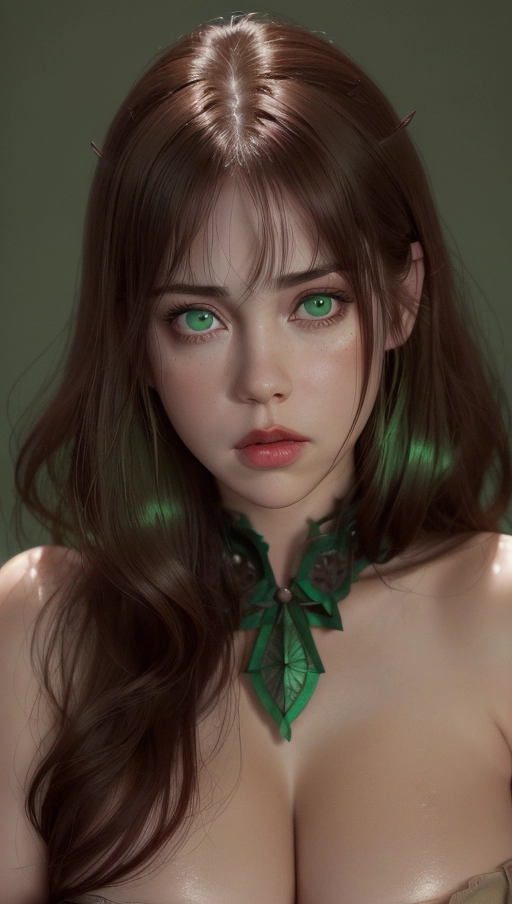 A high resolution photo shot of ultra detailed, ultra detailed skin, Adult heavy metal woman, masterpiece, (realistic, photo-realistic:1.37), serious face, looks like Fairuza Balk, ((green eyes)), rosy cheeks, Caucasian skin, wavy dark red hair, heavy eyeshadow, tattoos, nude, medium breasts, dark red lips, highly detailed skin textures, highly detailed eyes, blank green background, gorgeous wide round face, ((chubby cheeks)), professional photograph, dramatic lighting,