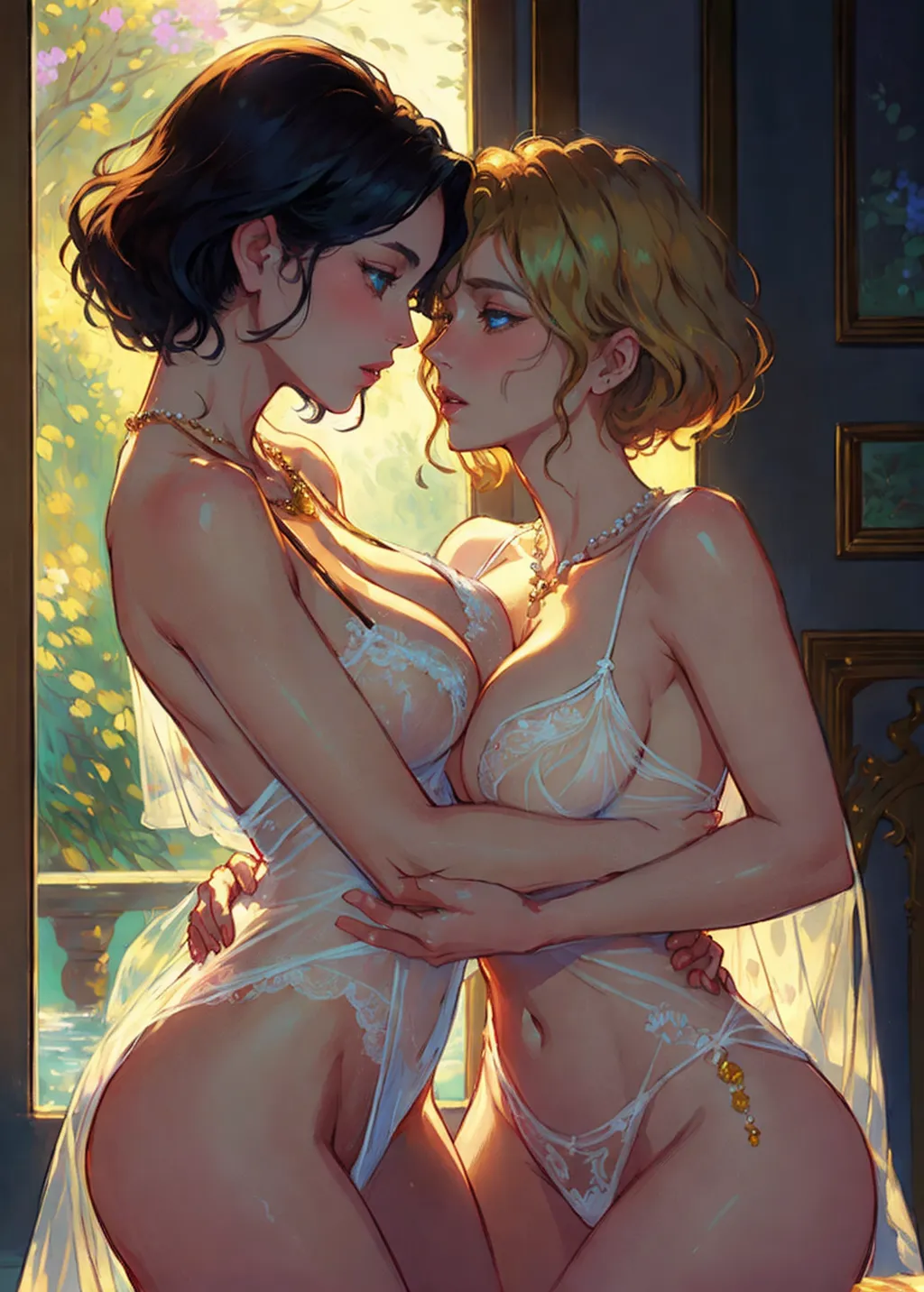 (nsfw), (masterpiece), absurdres, smooth, soft lines, soft edges, perfect edges, (soft lighting), (soft glow), perfect anatomy, hair with great details, perfect eyes, perfect face, perfect textures, in the style of Monet, in the style of William Clarke Wontner, beautiful, sensual, erotic, mythical, elegant, romantic, intimate, natural lighting,
((two beautiful women having sex)), ((yuri)), ((lesbian)), embrace, breast grab,
(busty), ((natural breasts)), large breasts, pussy, sheer dress, hyacinth flowers, pearl necklace, sheer dress, thin fabric, silk,