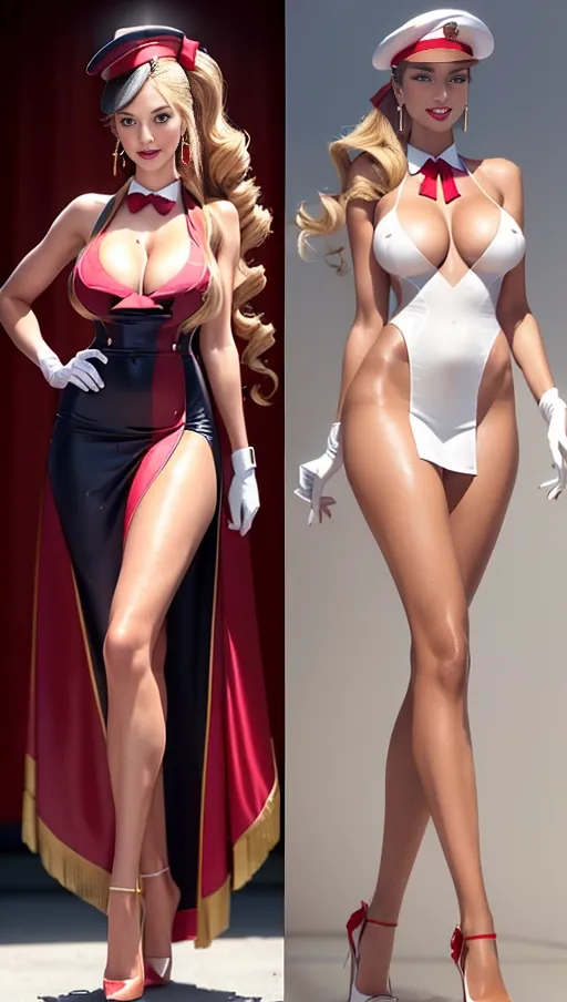A very tall, gorgeous, young happy glamorous flight attendant, (walking) outside and airplane, sleeveless pleated red uniform and cute flight attendant hat, frilly, stilettos, long curly (blonde) hair in a ponytail, (((very long longest legs))), makeup, opulence, earrings, tanned, red neck ribbon, mascara, eyelashes, lipstick, blusher, eyeshadow, stunning, tanned oiled shiny skin, supermodel, cleavage, white gloves