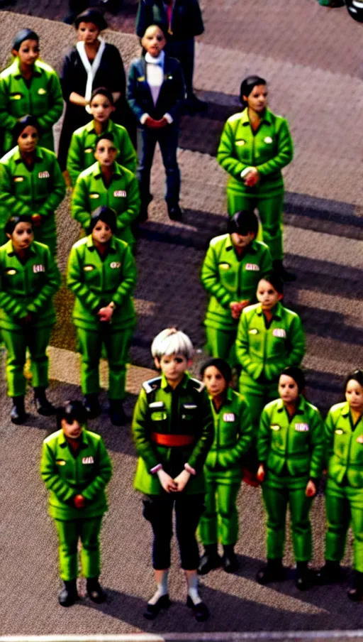 ((((One girl only)))), (((single girl only))), (((pixie cut))) , wearing green paramedics jumpsuit, stab vest, standing with ambulance in the background