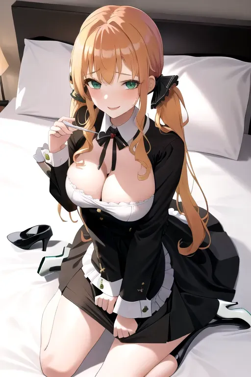 <lora:dpmg_skirt_tug:1>, 1girl, clothes tug, strawberry blonde hair, green eyes, black maid uniform, bedroom, pale skin, giant breasts, high heels, serving drinks, long hair, wavy hair, masterpiece, best quality, highly detailed, smiling, pov, looking at viewer, miniskirt, showing cleavage, realistic, erotic, low pigtails