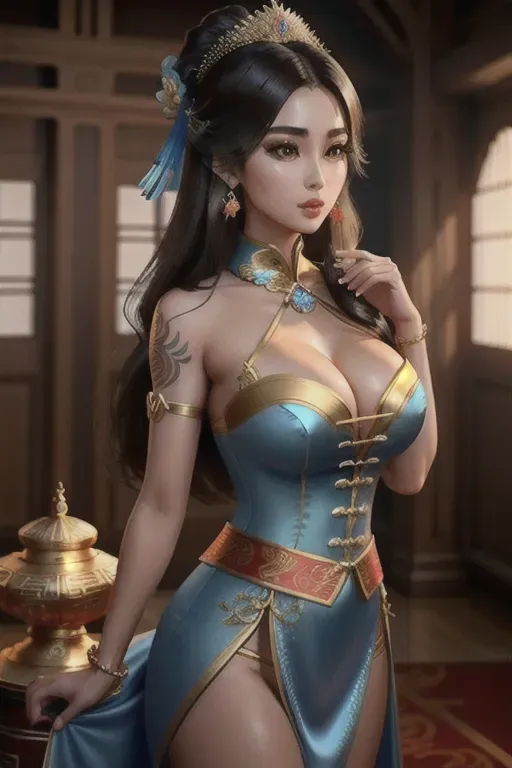 a digital royal princess,open front chinese costume,standing,in the royal mint,natural breasts,five slender fingers,silky hair,beautiful face,beautiful lips,brown eyes,curved eyebrows,smooth skin,tattoo,unreal engine,ultra realistic,pixiv,sharp focus,bokeh