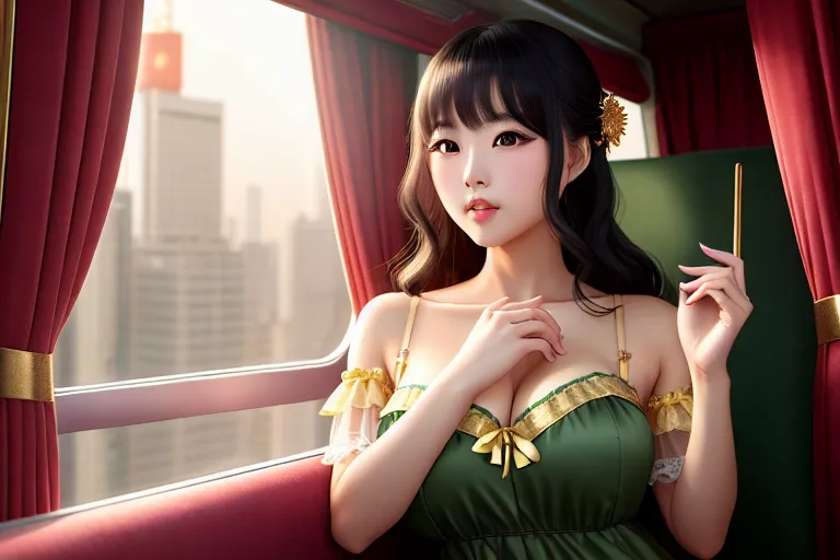 a digital art of,a chinese girl,wearing nightgown,shooting from a high point,in the bus,big breasts,five slender fingers,wavy curtain bang,charming face,beautiful lips,green eyes,curved eyebrows,curved eyelid,peaceful,wearing golden ring,studio lighting,highly detailed,sharp focus,cgsociety,bokeh