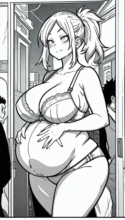 In the style of my hero academia, <lora:manga_lineart:1>, 1girl, gigantic breasts, masive tits, saggy tits, bra and panties, sexy, in public, cute, pregnant, huge pregnant belly,