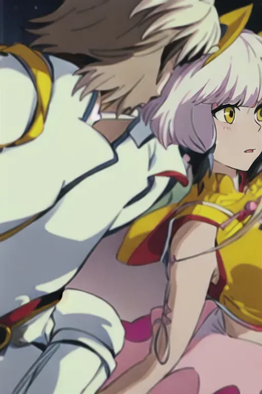 ghibli style,boy and catgirl running together , romantic , 1 boy, brown colored hair ,spikey styled haired boy on right,1catgirl catgirl hairstyle white short bobcut with white cat ears, boy wearing yellow robes with red accent sleeveless black vest with spirit design,catgirl on right dressed in white plain clothing with pink bow, white hair, bow, elegent long white gloves, , masterpiece, best quality, catgirl on left, catgirl posh style , catgirl hairstyle white short bobcut with white cat ears, only cat type ears, pink catlike eyes, ((masterpiece)) <lora:dpmg_ghibli_style:0.92>