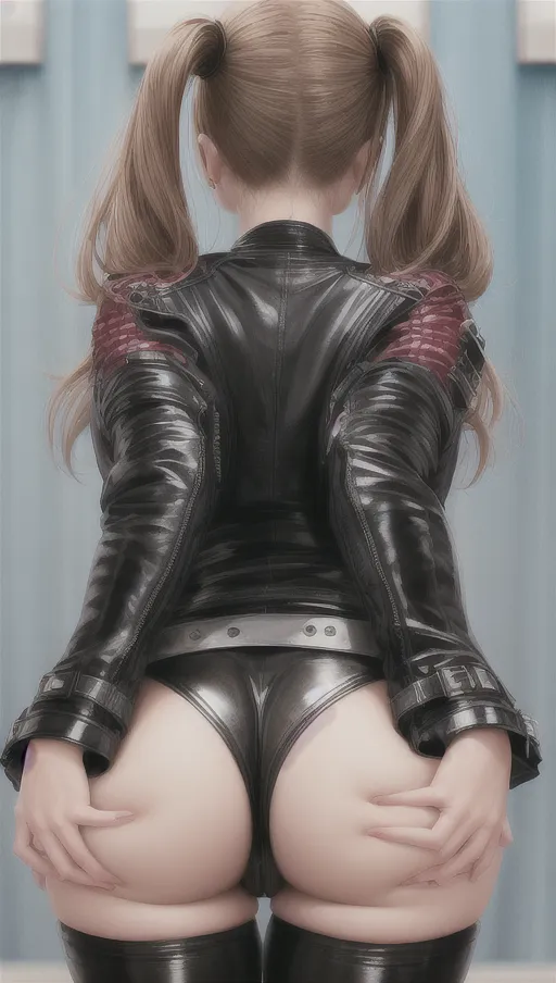 beautiful slut, leather jacket, tight leather jeans, shiny tight pants, presenting ass, grabbing butt <lora:dpmg_add_detail:1>