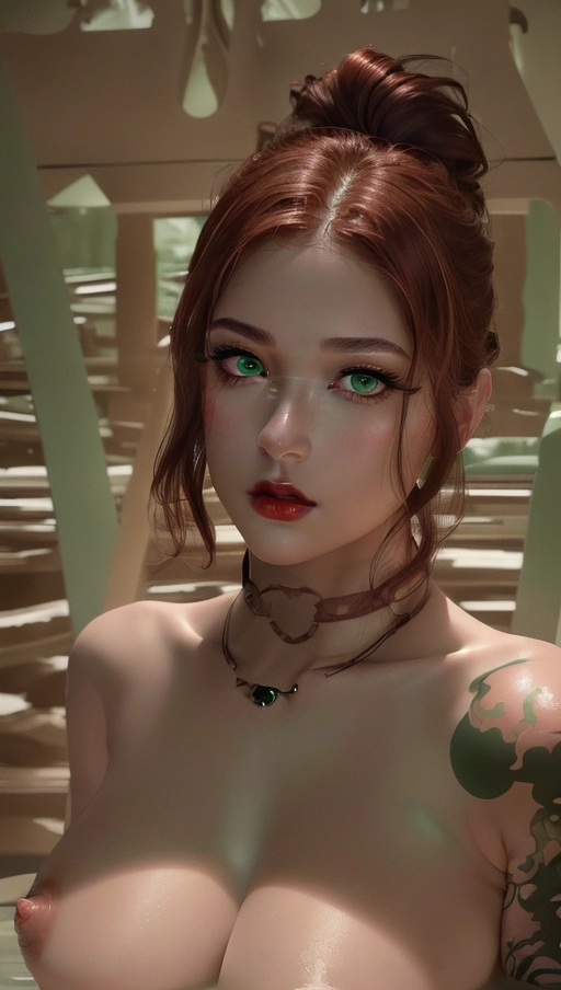 A 8k resolution photo shot of ultra detailed, ultra detailed skin, Adult heavy metal woman, masterpiece, (realistic, photo-realistic:1.37), serious face, ((green eyes)), rosy cheeks, Caucasian tanned skin, wavy auburn red hair, Hair in a bun, dark black eyebrows, heavy eyeshadow, heavy eyeliner, long eyelashes, arm tattoos, Body tattoos, medium breasts, dark red lips, pouty lips, highly detailed skin textures, highly detailed eyes, blank white background, gorgeous face, bare neck, professional photograph, dramatic lighting, (((completely naked)))