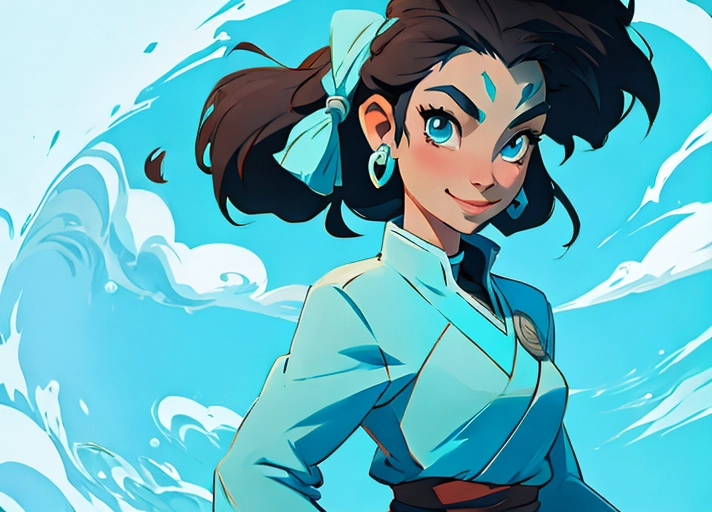 Cartoon, drawn in the style of Avatar the Last Airbender, Katara in her water tribe attire, smiling at the camera, drawn, art, animated, ((Katara of Avatar))