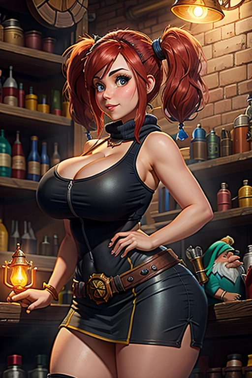 Cute short female gnome, gnome from World of Warcraft, huge breasts, pigtails, thin short black dress, cleavage, fit and slim body, thin waist, in a fantasy mechanics shop, torchlight, standing, looking at wiever