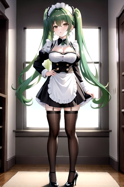 8k quality, brown eyes, pale white skin, green hair, giant breasts, cleavage, looking at viewer, pov, long hair, wavy hair, black maid uniform, high heels, miniskirt, standing in living room, full body photo, pigtails