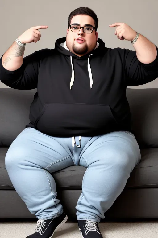 Young obese man,nerdy, white, glasses, double chin, big ass, in jeans and hoodie