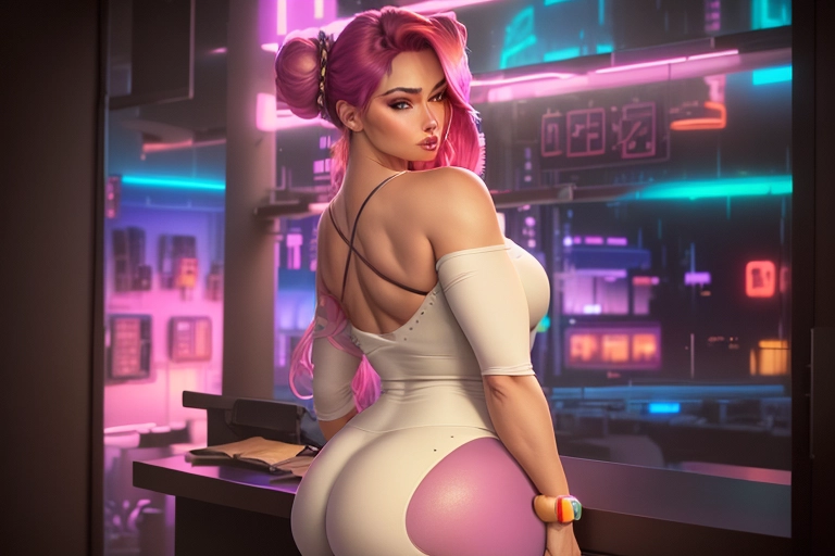 high resolution, ,photoreal, full body portrait, In the foreground a female wearing a colorful revealing top and shorts, the fabric of her outfit clings to her accentuating her appealing generous figure, striking a curvy confident pose, long flowing hair two buns, flirty, alluring, curvy, Thin waist, huge chest, large ass. in the background a large window overlooking a futuristic bustling neon city at dusk