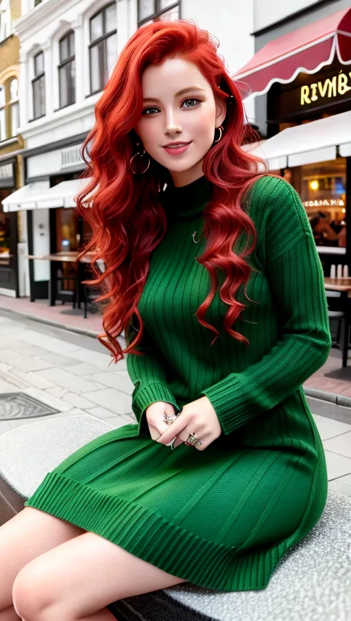red wavy hair, German model, in front of a restaurant, sitting in cinema, (green knit dress), black boots, beautiful natural face, greenish eyes, big teasing smile, UHD, ((accurate facial details)), (((high resolution photo)))