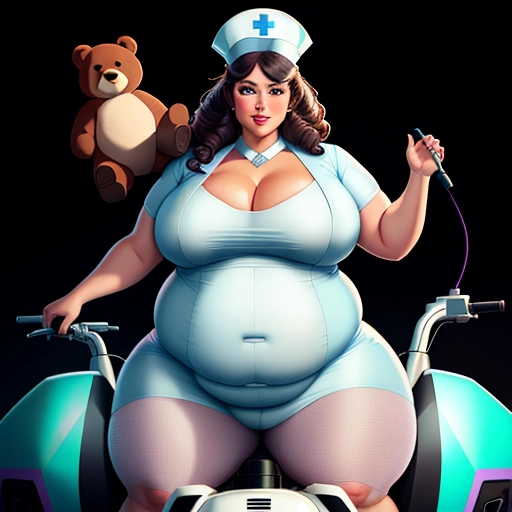 laser vector image, bbw woman, fat, belly rolls, in a nurse hat, nurse scrubs, riding on top of a bear like a horse