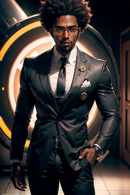 8k, handsom male facial features, dark skin African American Male, Mafia tailored suit, Brown-Skinned, Goblin ears, Glock pistols, Space Ship background, white-and black short afro, Large glasses, mad scientist, biochem, look at the camera, red-colored eyes, dark brown skin, (handsome detailed eyes, symmetrical eyes), dramatic lighting, (photorealism:1.5), (photorealistic:1.4), (8kRAW photomasterpiece), High detail RAW color photo, a professional photorealistic, (highest quality), (best shadow), (best illustration), ultra high resolution, highly detailed CG unified 8K wallpapers, physics-based rendering, photo, realistic, realism, high contrast, hyperrealism, photography
