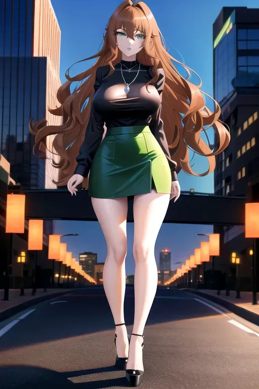 full body, chestnut hair, green eyes, short girl, blue miniskirt, black high heels, looking at viewer, long hair, pale skin, black necklace, black shirt, 24 years old, big breasts, cute face, pov, wavy hair, city environment, Oklahoma City, wide eyes, erotic
