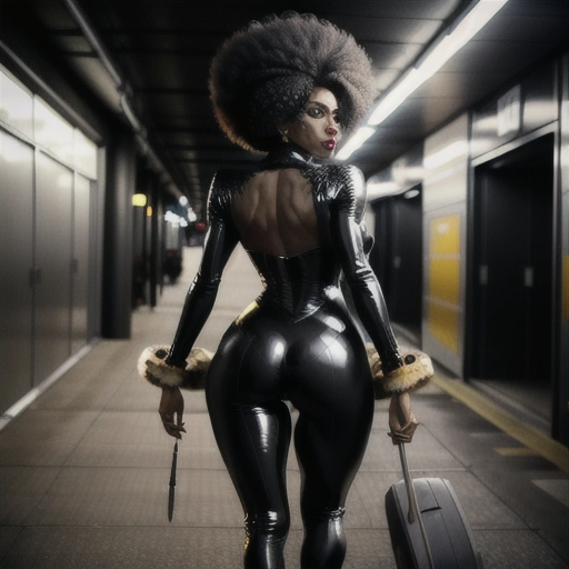 Sexy black villainess with afro and big ass wearing a leapord print catsuit and feather boa walking down underground parking garage at night.
rear view