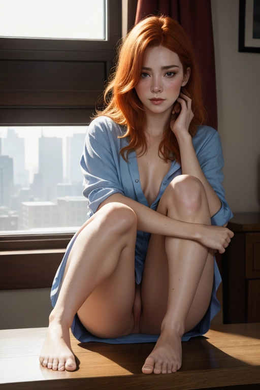 full body wide photograph of an embarrassed and flustered 20-year-old woman of Irish descent with ginger hair with hugging her knees to her chest, submissive, flustered, sexual torture, no panties, hugging her knees to her chest pose, sitting on top of a wooden desk with her legs spread and feet resting on the desk, visible feet, visible pussy, visible breasts, nip slip, small perky nipples, ginger hair color, looking tired and worn out, body exposed, sweaty hair, perfect feet, bare foot, shy sexuality, tight pussy, full body view, high angle photograph, full body in frame, head to toe visible, unbuttoned dress shirt, small tits, unkempt hair, sexual torture, colorful lighting, perfect body,
sitting on the CEOs desk, feet resting on desk, in a spacious and luxurious executive office, top floor office setting with floor to ceiling windows, set in a beautiful penthouse apartment,
realistic detail, professional, realistic, photorealistic, freckles, highly detailed, detailed, Ray tracing, realistic skin texture, artistic photo, colorful, soft contrasting colors, looking at camera, artistic photo, (sophomoric body), whole body in frame, ((extremely detailed)), masterpiece, photorealistic, (((best quality))), perfect contrast, ((ultrasharp)), (((extremely detailed portrait))), natural colors, natural lighting, ((sharpened picture)), vivid contrast, dpmg_runny_makeup_v1