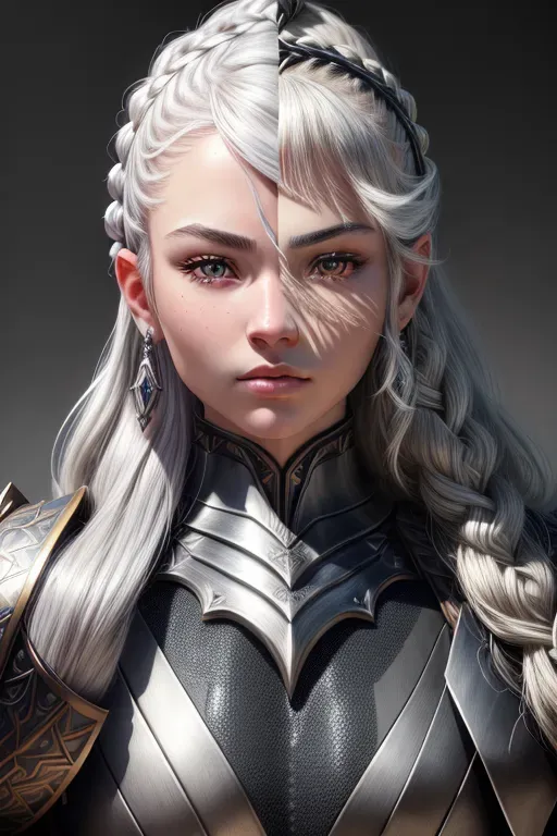 fantasy armor, metal armor, Stern pose, Highly detailed face, Athletic, Beautiful, , long braided white hair, long white hair, determined face, cute, thick thighs, thigh gap, silver eyes, small perky breasts, ((perfect fingers)), HD wallpaper, perfect teeth, anatomically correct, five fingers per hand, HD resolution, HD wallpaper, professional, realistic, photorealistic, highly detailed, detailed face, professional photograph, Ray tracing, realistic skin texture, (photorealistic), (masterpiece), (best quality), black pants, Full body view, masterpiece, absurdres, ((((solo focus)))), 8k, perfect edges, ultra realistic, perfect anatomy, low light, perfect face, fine details, realistic shaded,
<lora:dpmg_add_detail:1>