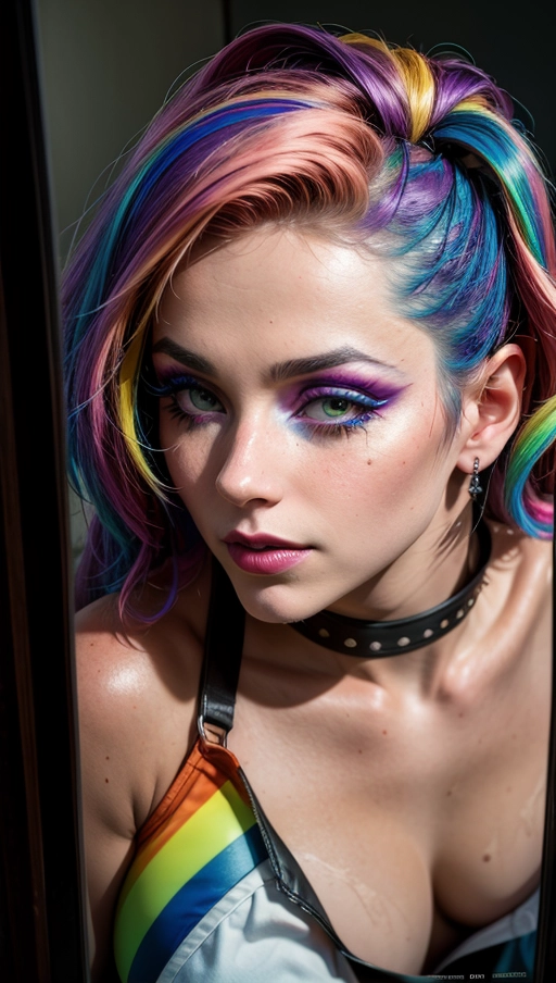 1 digital professional photograph,
1 beautiful (harlequin) woman 19 cleans her ((white and rainbow makeup:1.4)) from her face in her cramped old trailer, short wavy (purple:0.3) hair, she is sat besides a mirror, her ((opened:1.4) vest) exposes her natural breast, ultra detailed (shiny:1.2) green eyes, beautiful lips, <lora:dpmg_add_detail:0.6>, ((close-up face:1.1)), ((looking up)), exhausted smile, large areola, medieval fantasy,
cinematic lighting, cinematic composition, UHD, HDR, vivid colours, photon mapping, (highest quality:1.8), highest resolution, (photorealist:1.72), (photorealism:1.72), (masterpiece:1.18), --s 250 --v 6