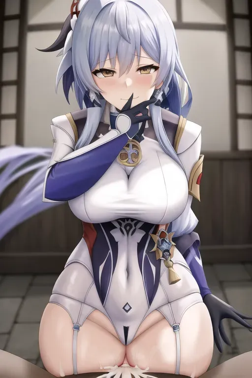 <lora:dpmg_pov_doggy:1>, jean from genshin impact, pulling on hair, huge creampie, covered in semen