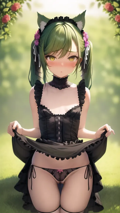 masterpiece, best quality, ((small breasts)), detailed background, fit ebony crouching on the ground, (dress made of flowers), green hair in pigtails, pussy outline in panties, detailed pussy, cat ears, embarrassed, thigh gap, pointy nipples, (cute panties)